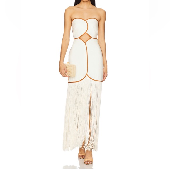 Strapless White Fringe Maxi Dress with Tan Piping